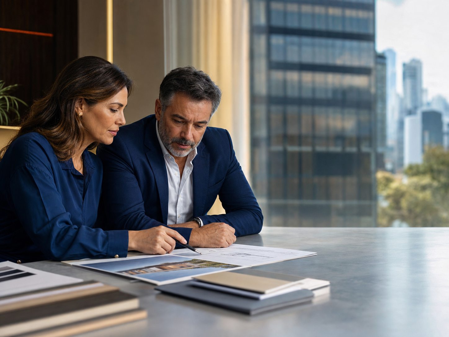 Empresários analisando planos para um projeto de grande porte